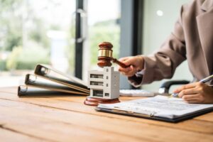 A young businesswoman is working at her desk, managing lease agreements and coordinating with the HOA for an apartment complex, focusing on tenant relations.