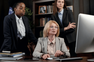 businesswomen in an office looking at a computer